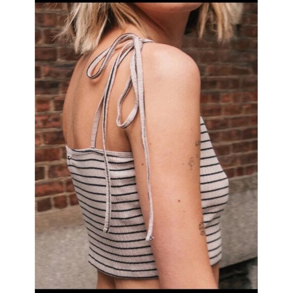 Volcom Tank Top Womens Large Big Island Energy Crop Top Striped Beige Black The - Picture 5 of 6